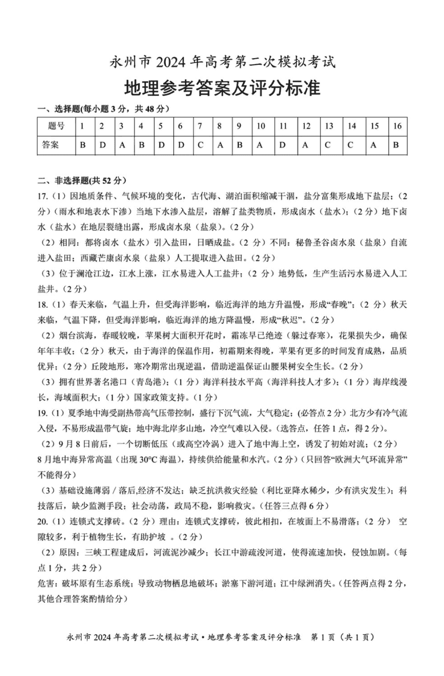 湖南永州2024年高三第二次模拟考地理试卷及答案